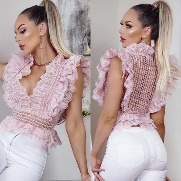 Tops - Pink Crochet Lace Sleeveless V-Neck Frill Detail Peplum Top